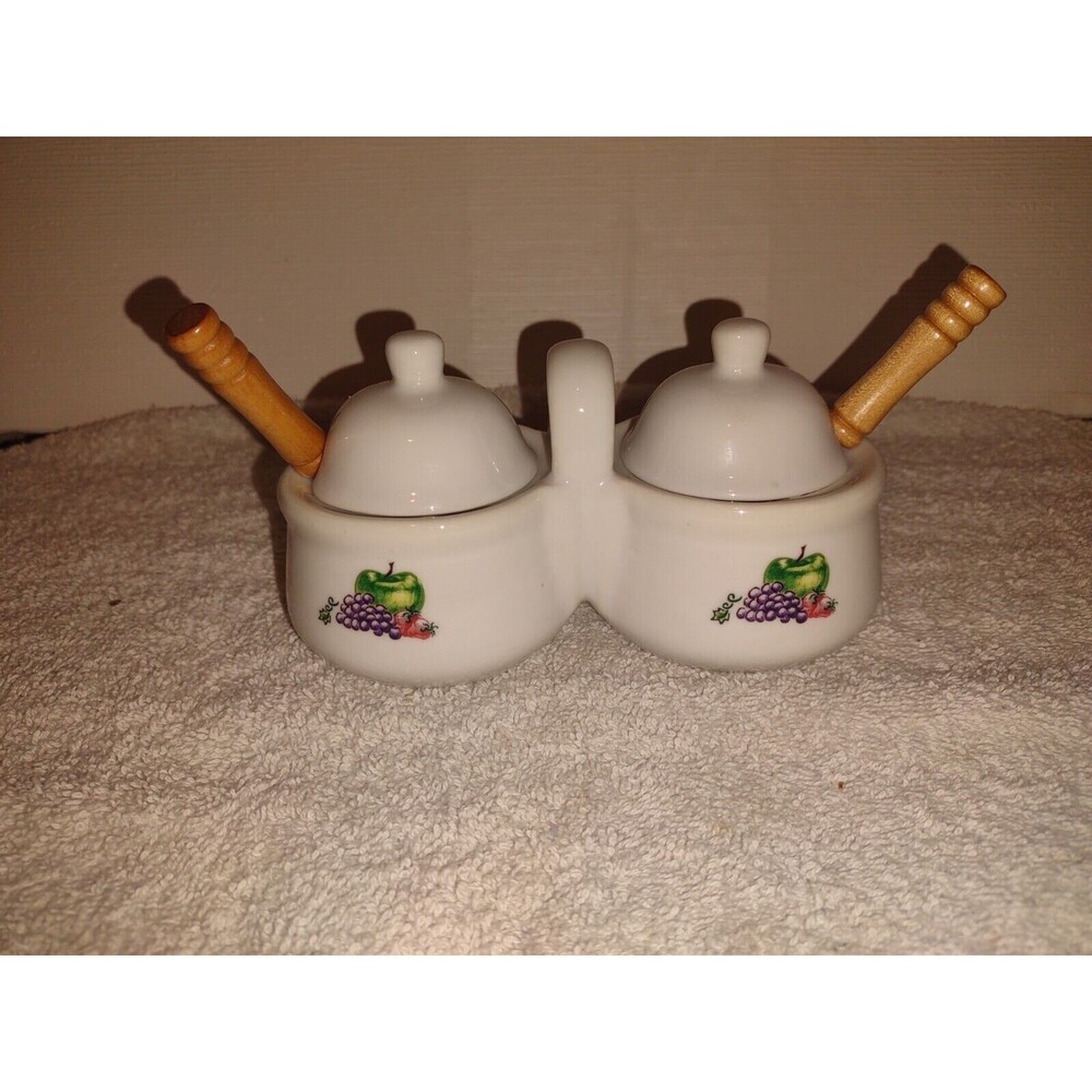 Houston Harvest White w/ Fruit Condiment Set Spoons Jam Jelly Sugar Ceramic